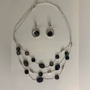 Multi-Strand Blue/Gray Iridescent Necklace & Earring Set
